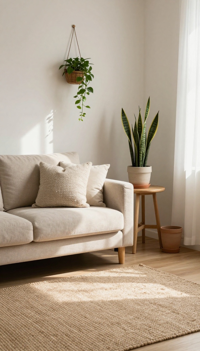 Living room corner with low-maintenance plants like snake plant, pothos, and ZZ plant in stylish pots.