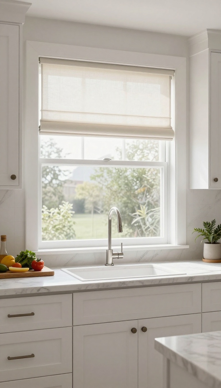 Top-down bottom-up shades in a bright kitchen, letting in natural light from above while providing privacy below.