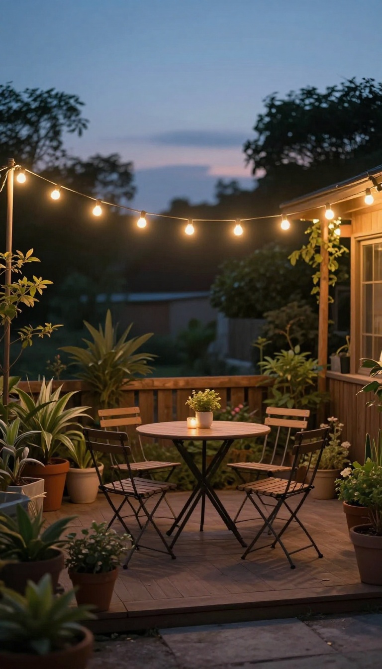 Small back patio with string lights overhead creating a warm, inviting outdoor nook.
