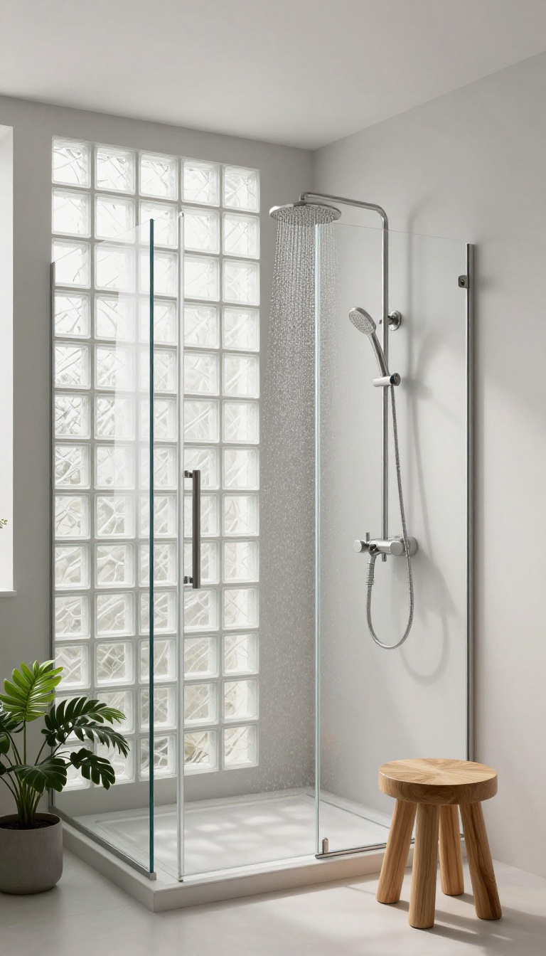 Modern walk-in shower with a glass block wall for privacy and natural light