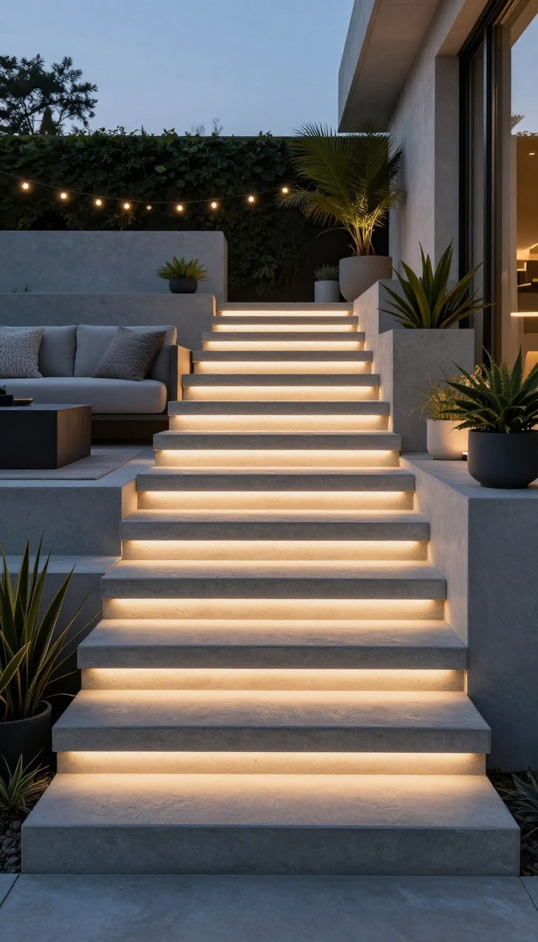 Modern patio stairs with recessed step lights glowing warmly at dusk, surrounded by cozy outdoor furniture and plants.