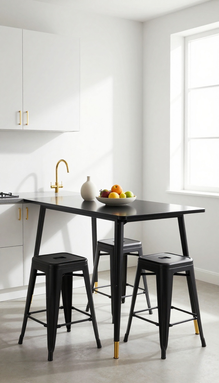 Fold-down table with black top and gold legs in a small kitchen, with stools and decor accents