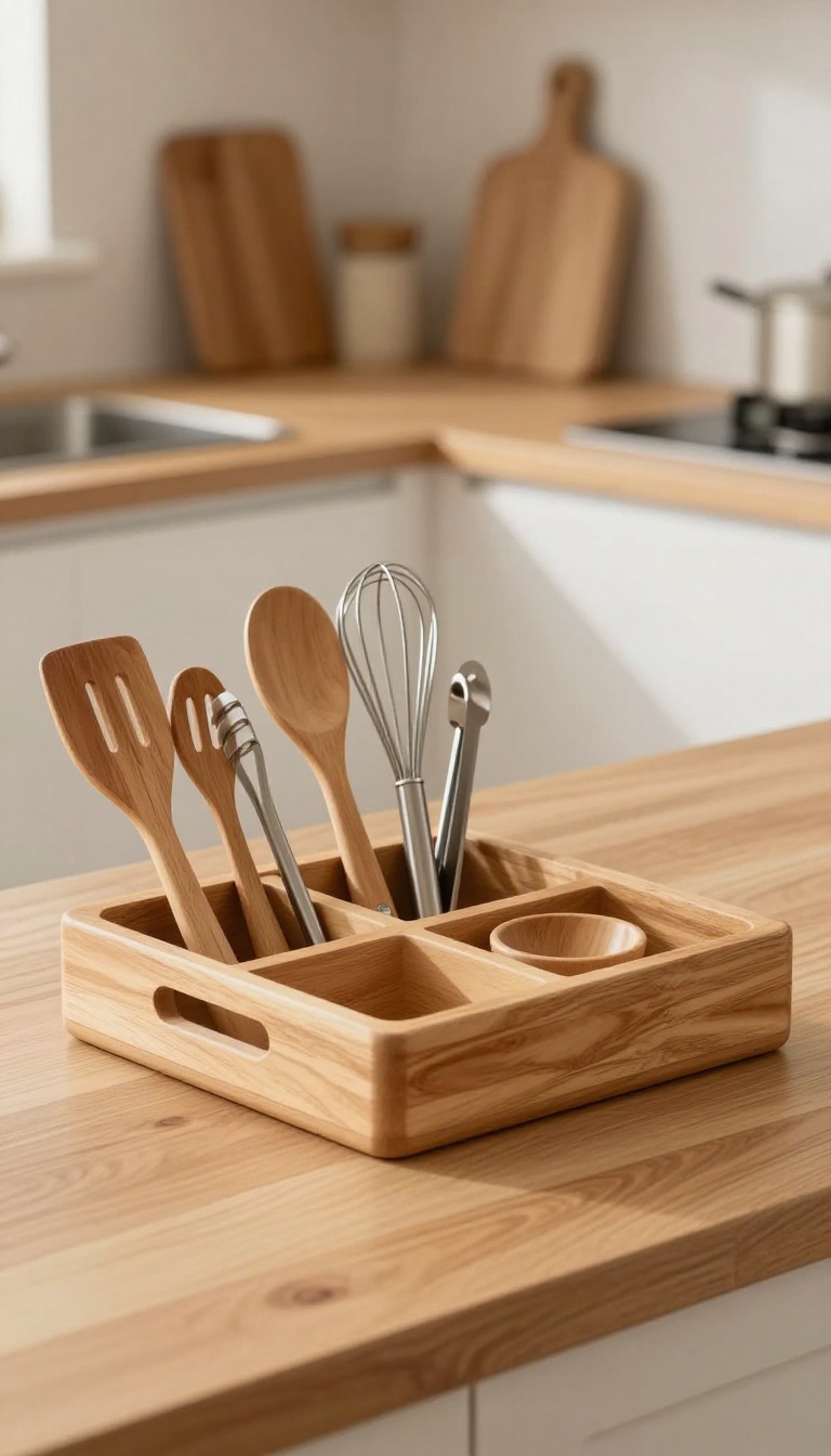 Wooden cutlery tray on kitchen counter holding spatula, whisk, and tongs, organized and visible