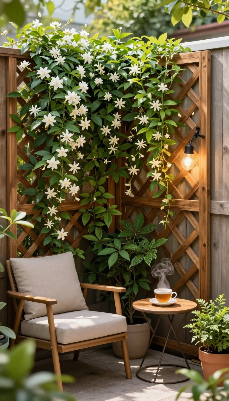 Small patio with lattice privacy screen and climbing plants, cozy seating area