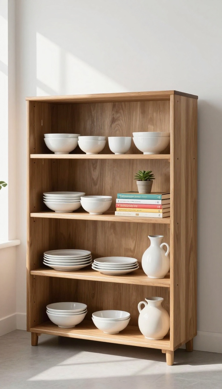 Open shelving sideboard in a kitchen displaying dishes, cookbooks, and a plant