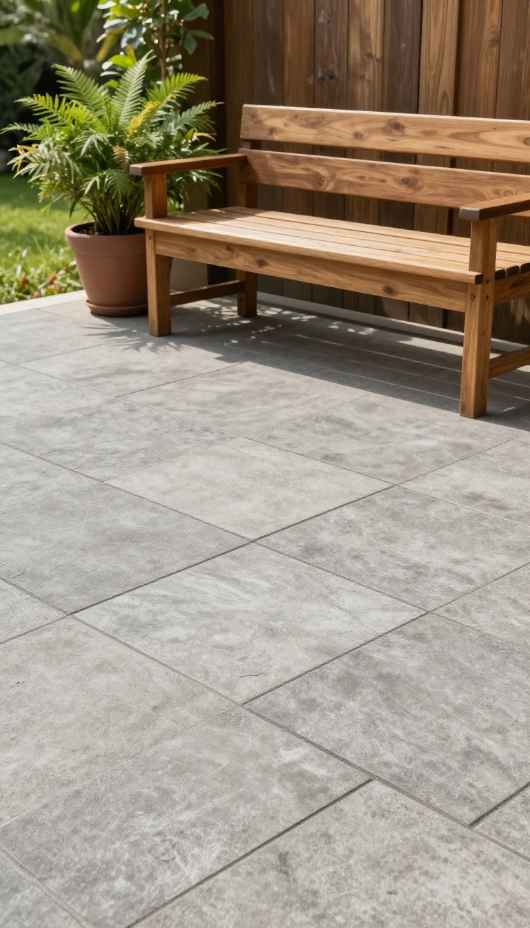 A patio with stone-look peel-and-stick floor tiles, a wooden bench, and a potted plant in natural light.