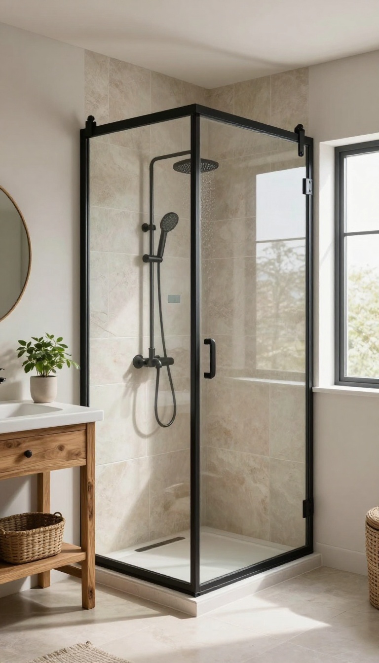 Compact bathroom with a glass and black metal sliding barn door shower, rustic farmhouse decor, bright natural light