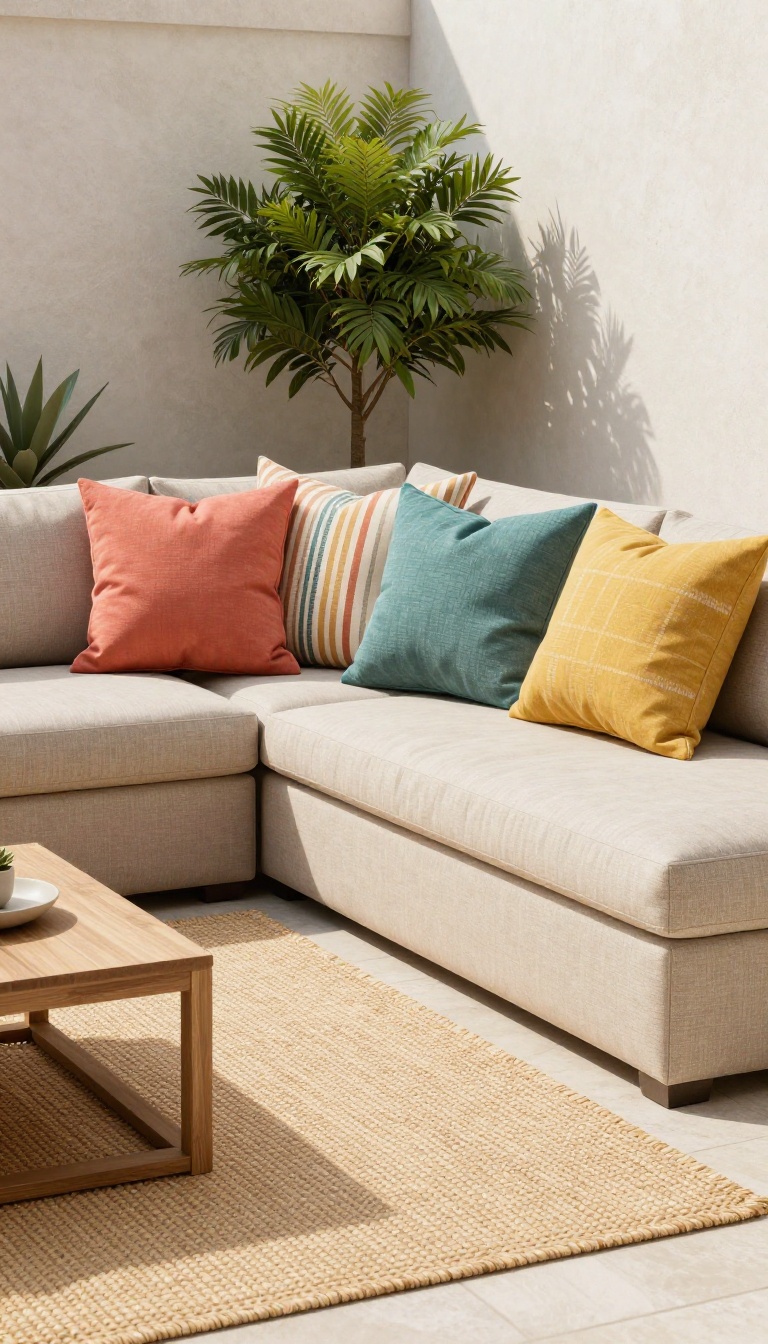 Colorful throw pillows on a neutral patio sofa, adding a pop of color to an outdoor seating area.