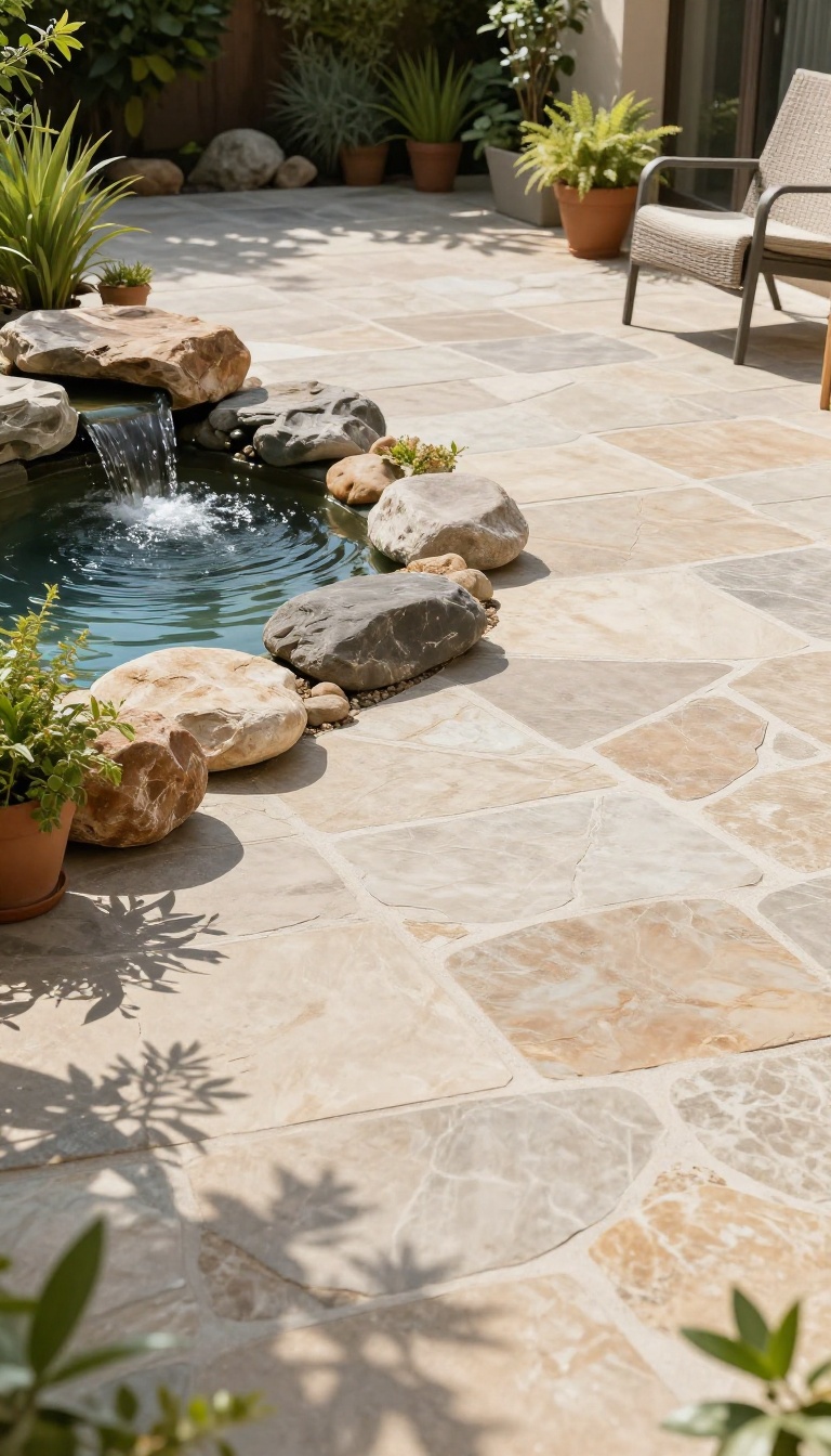 Flagstone patio with a small pond and waterfall, surrounded by plants and a chair, creating a tranquil outdoor retreat.