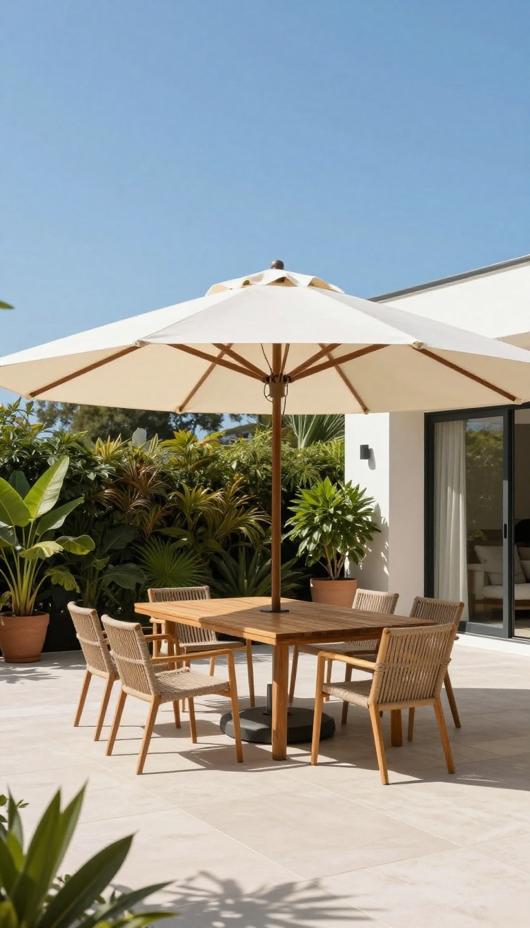 A large cantilever umbrella providing flexible shade over an outdoor dining set on a sunny patio.