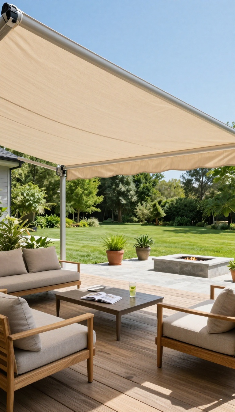 Deck with retractable awning and patio combo, shaded deck with lounge furniture and open patio with fire pit