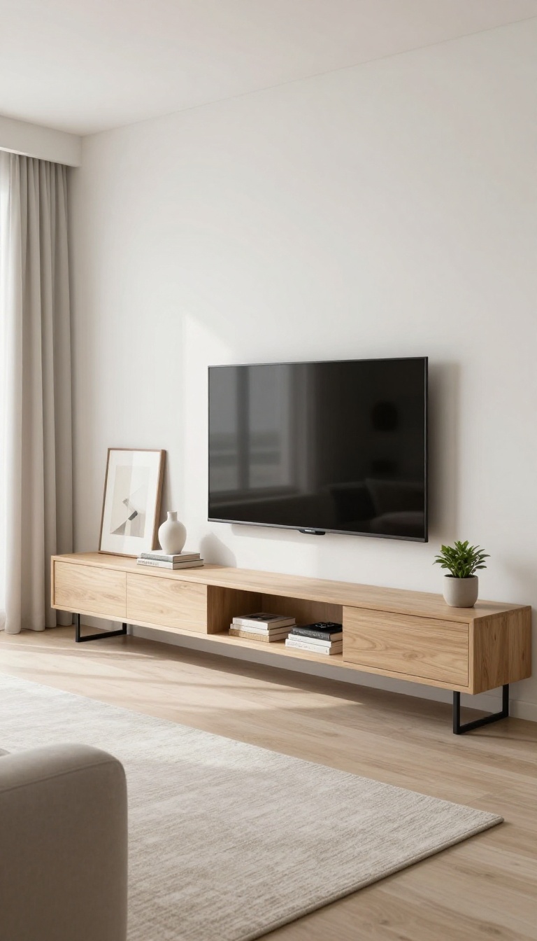 Modern living room TV unit with open shelving displaying books, plants, and decorative accents
