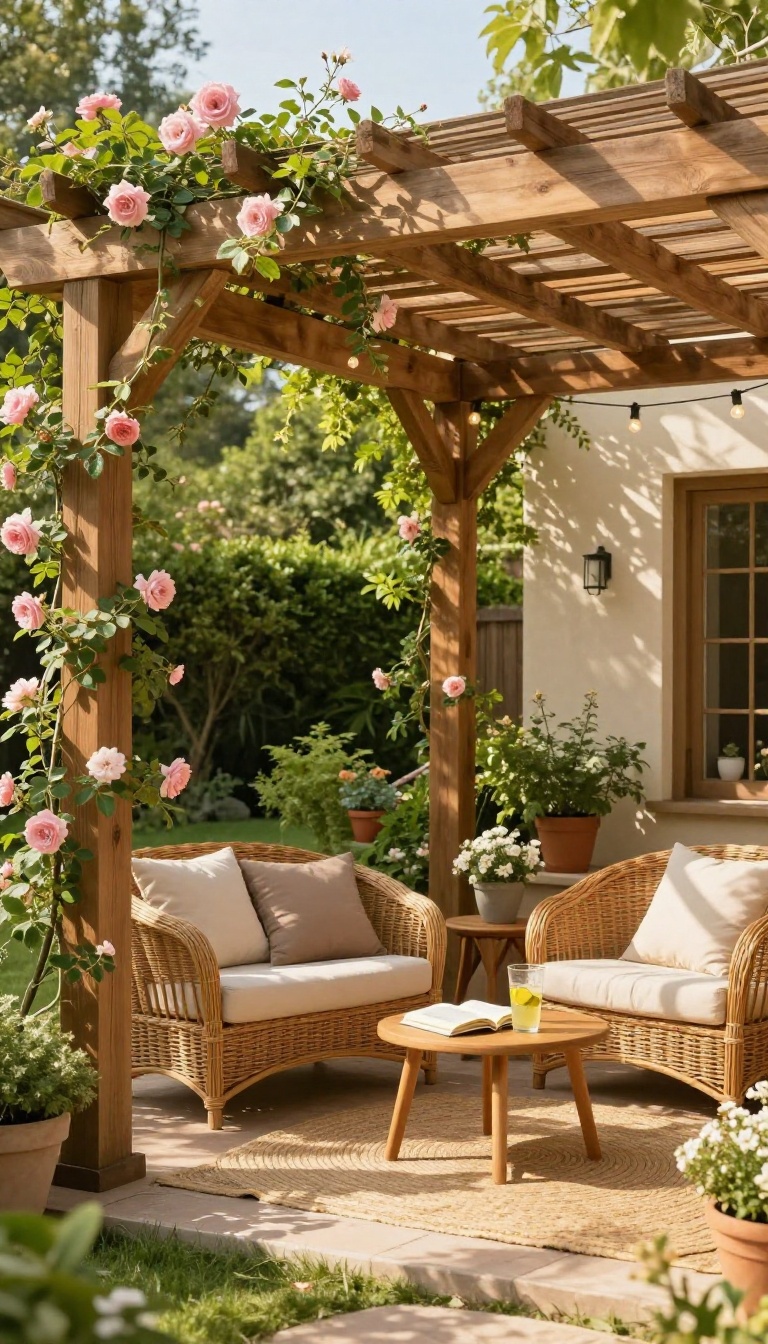 Classic wooden pergola with climbing vines and cozy patio furniture