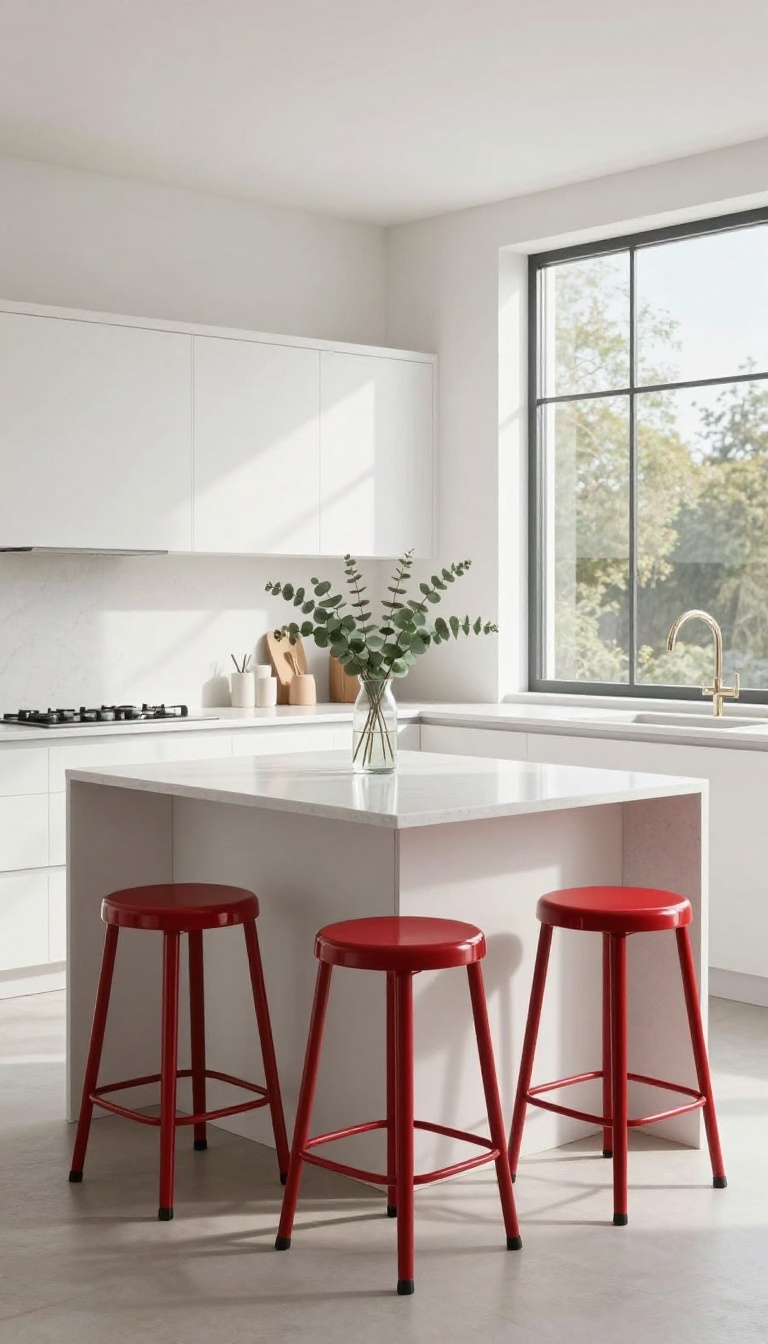 Red bar stools at a kitchen island in a bright, modern kitchen