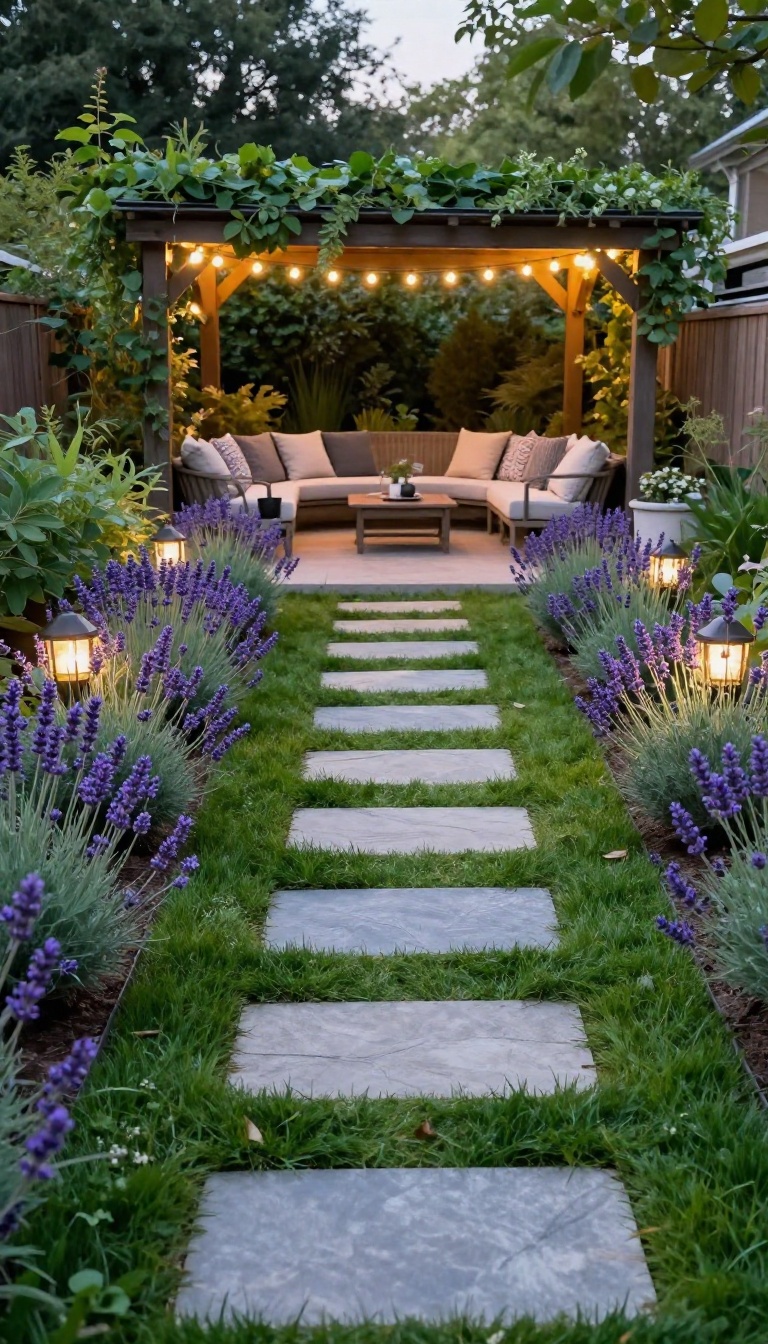 A winding flagstone path leading through a garden to a cozy patio with string lights and lush plants.