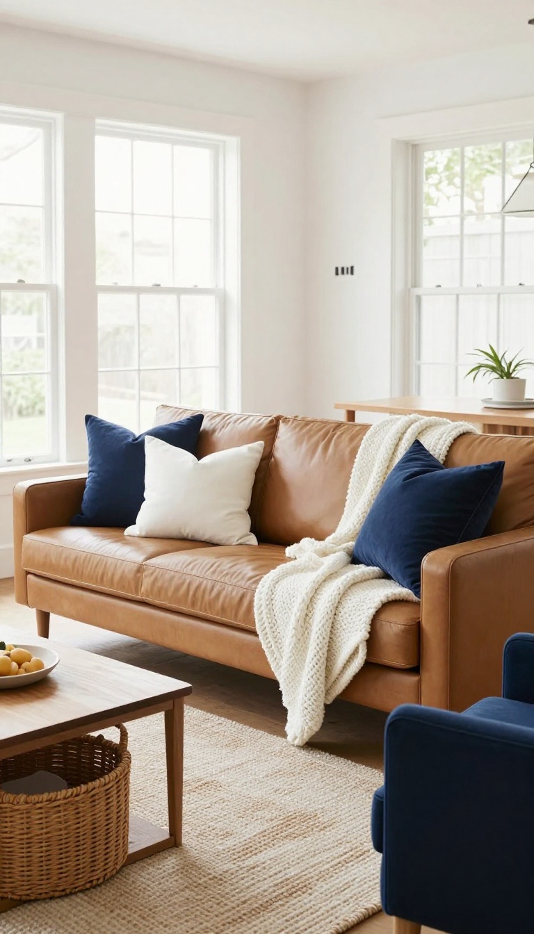 Tan couch styled with navy and white pillows, white throw, and natural textures in a bright living room