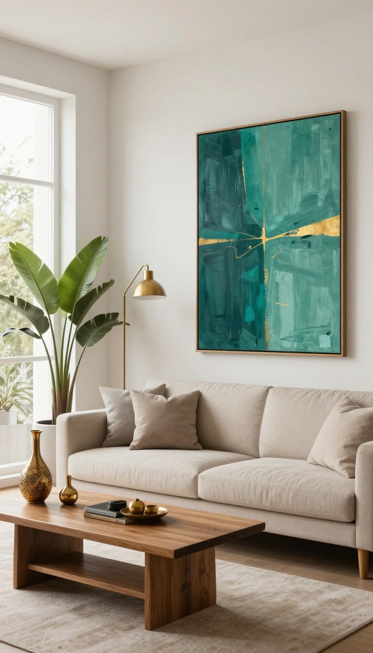 Indian living room with a deep teal accent wall, neutral furniture, and brass accents