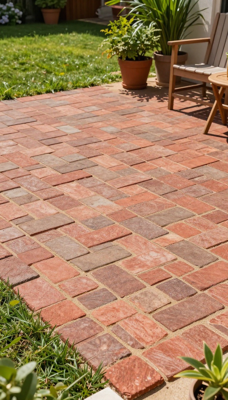 DIY brick paver patio on a sand base with warm red and brown tones, surrounded by greenery and a wooden chair