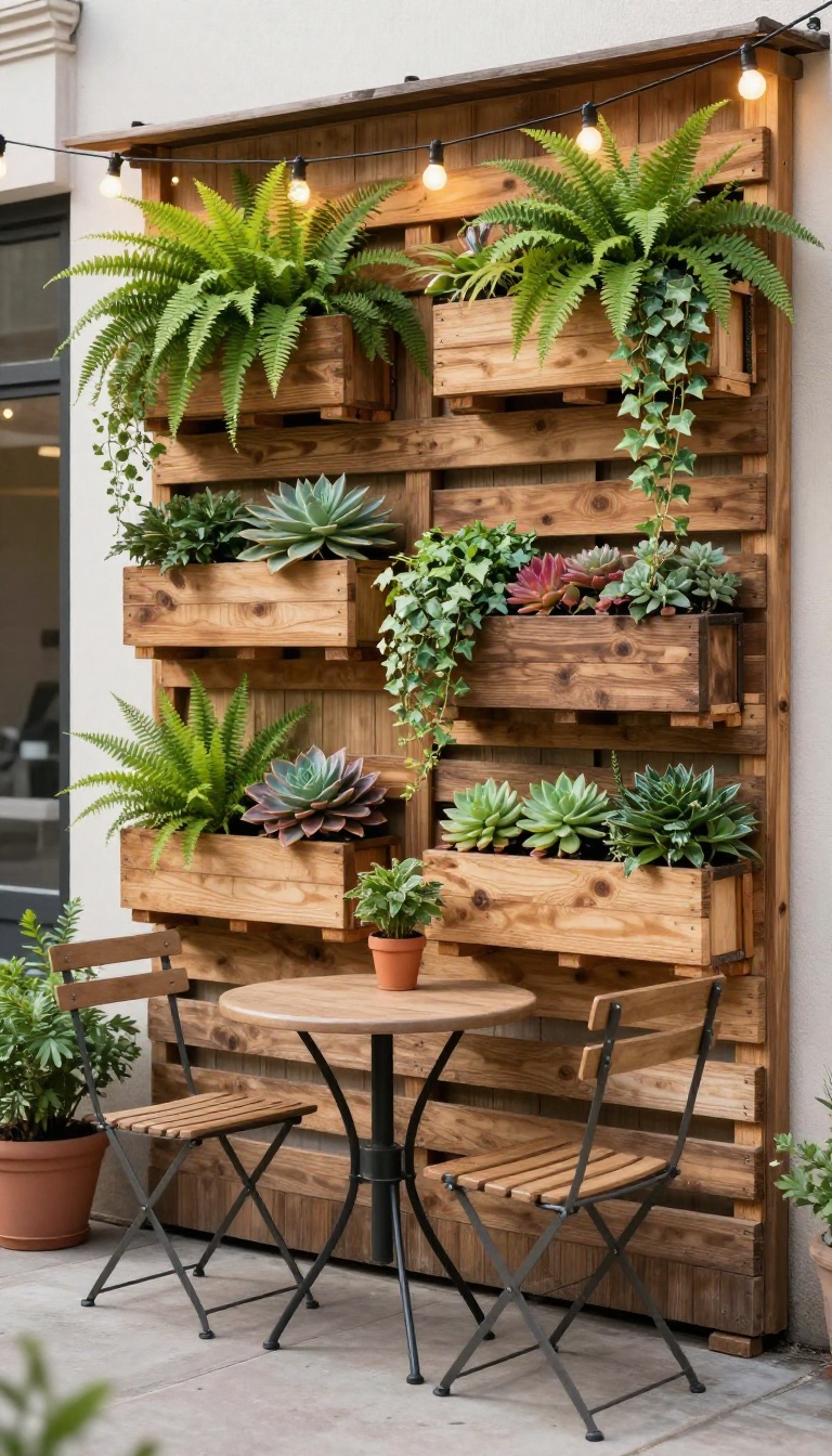 Small patio with a vertical living wall made from a wooden pallet, featuring ferns, ivy, and succulents, with a bistro table and chairs in the foreground.