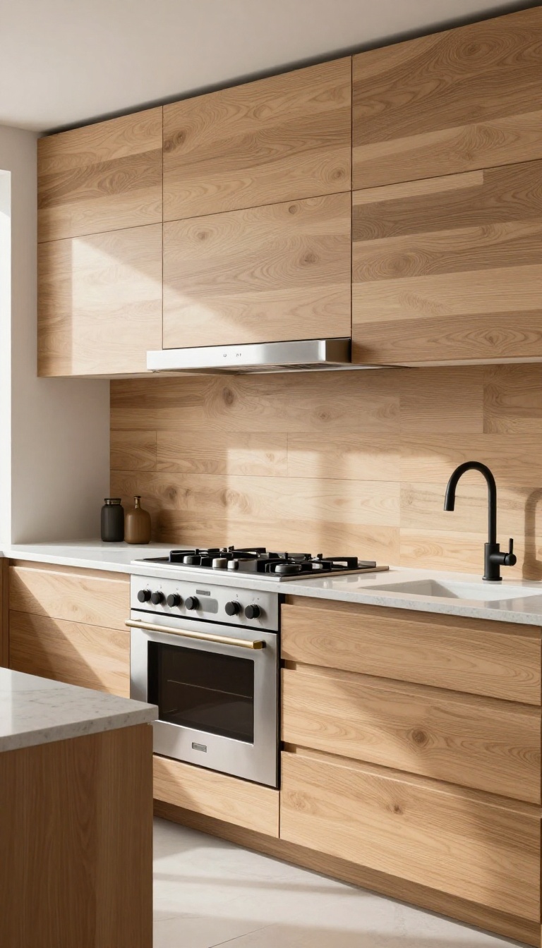 Modern kitchen with a warm wood plank backsplash, stone countertop, and sleek appliances