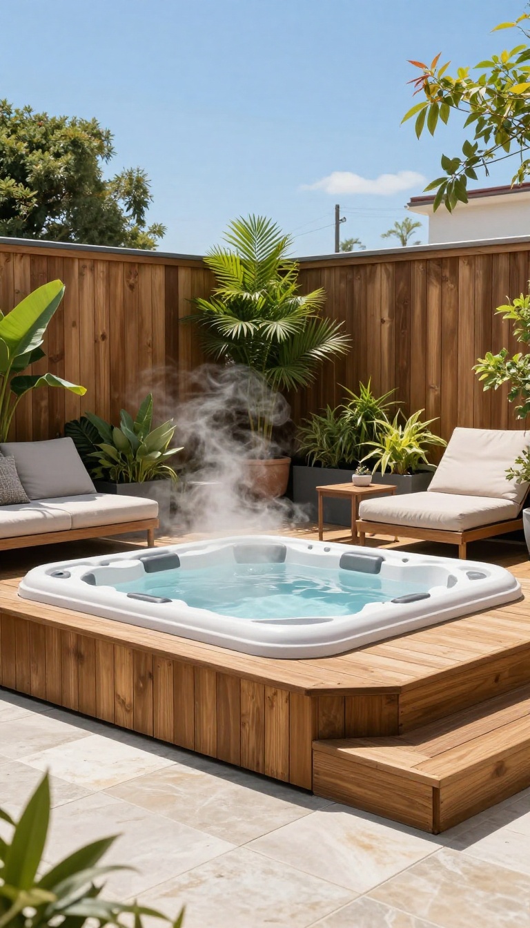 Deck with hot tub and adjacent sunbathing patio, surrounded by plants, in bright daylight.