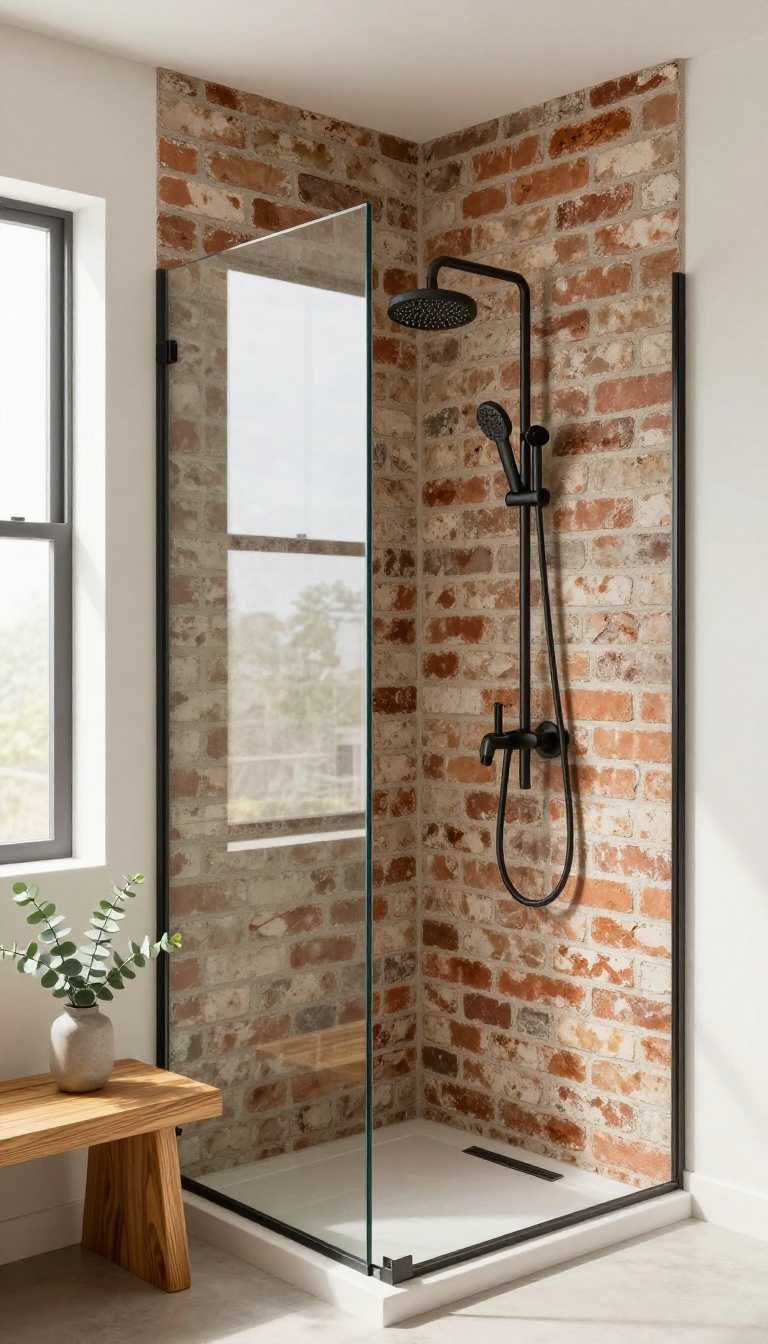 Modern farmhouse shower with exposed brick wall, glass enclosure, and natural light