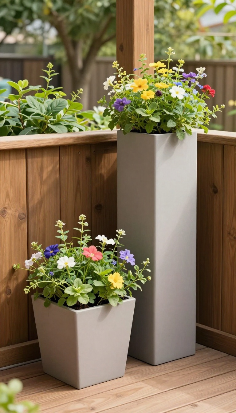 Corner planters filling a dead zone on a patio with tall greenery and flowers