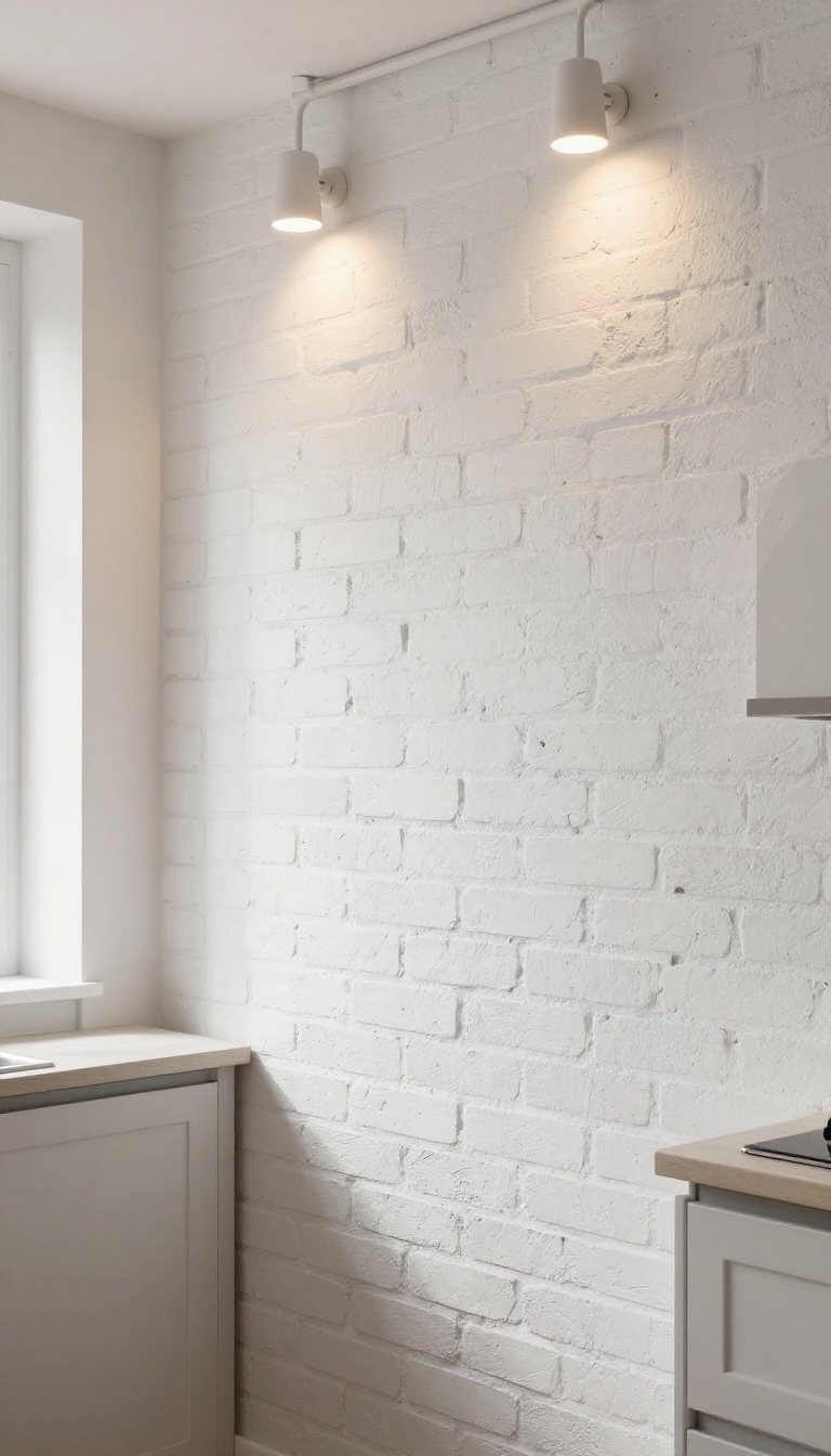 Whitewashed brick wall in a cozy kitchen with natural light and warm pendant lights