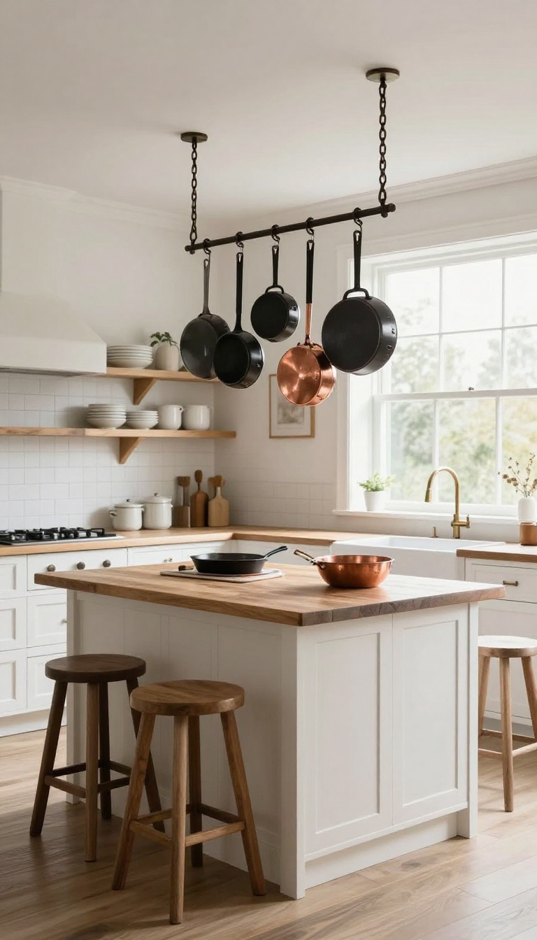 Modern farmhouse kitchen with a pot rack hanging over the island, displaying pots and pans, with white cabinets and natural light.