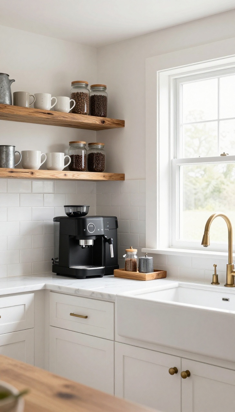 Modern farmhouse kitchen with a built-in coffee station featuring open shelving, a chalkboard menu, and a small farmhouse sink