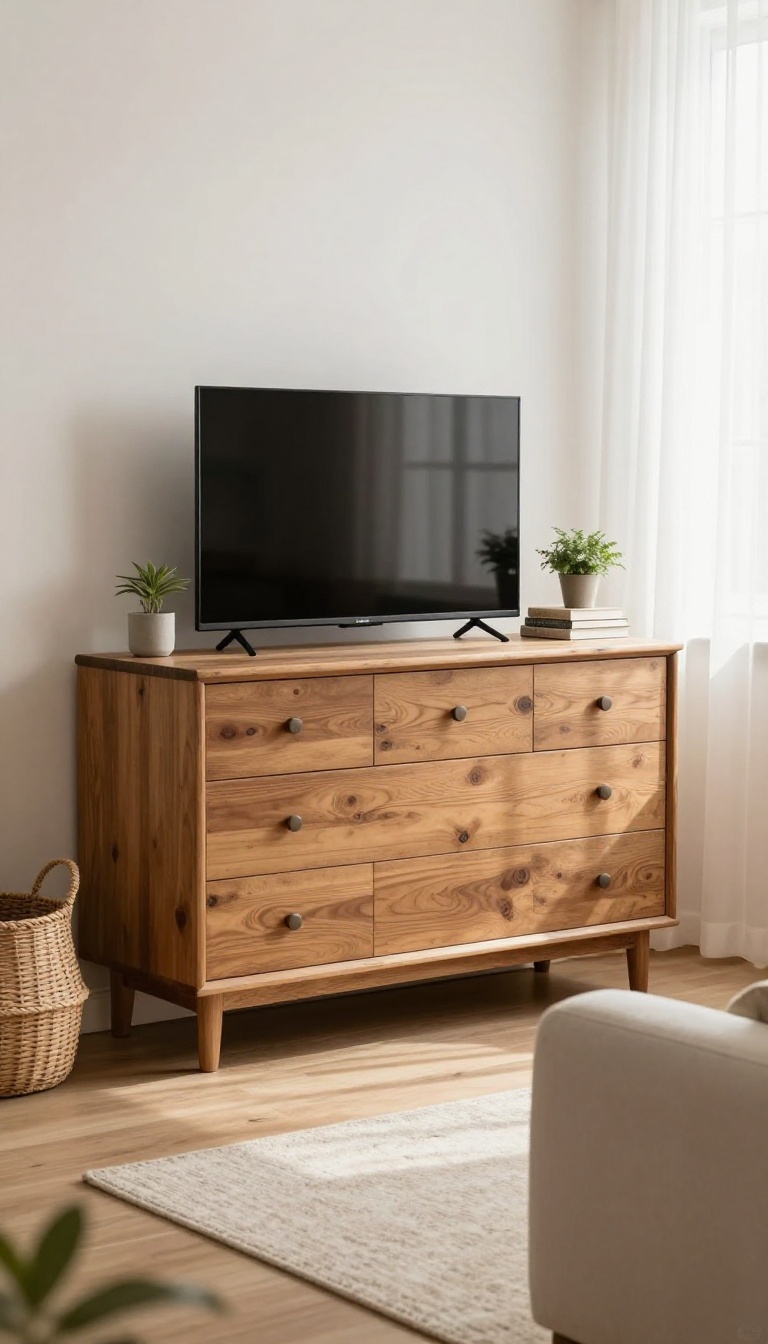 Repurposed vintage dresser as a living room entertainment center with TV on top and decor accents