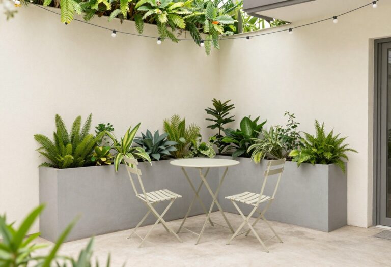 Small patio with vertical planters, bistro set, and string lights