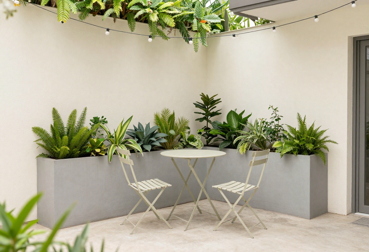 Small patio with vertical planters, bistro set, and string lights