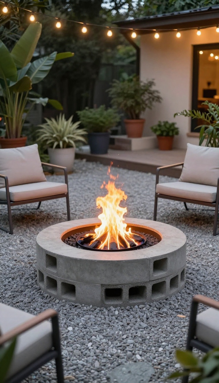 A simple DIY fire pit on a budget patio, surrounded by seating and warm lighting, creating a cozy outdoor gathering spot.