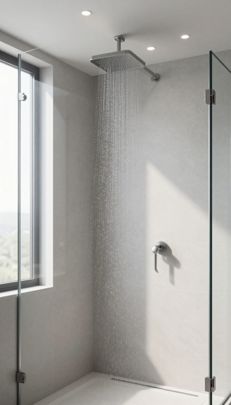 Basement shower with recessed lighting for even illumination