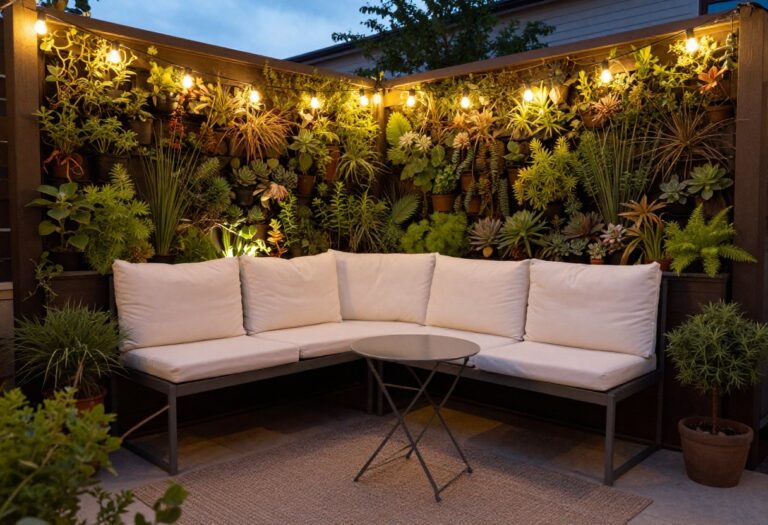 Cozy small apartment patio with string lights and bistro set