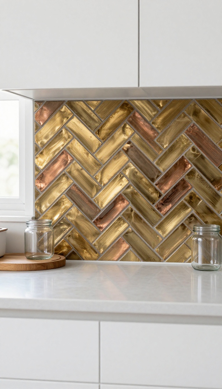 Modern kitchen with metallic brass and copper herringbone backsplash, matte white cabinets, and natural light