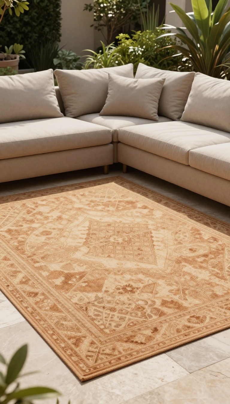 A cozy patio seating area with a patterned outdoor rug anchoring the furniture, warm natural light, and inviting decor.