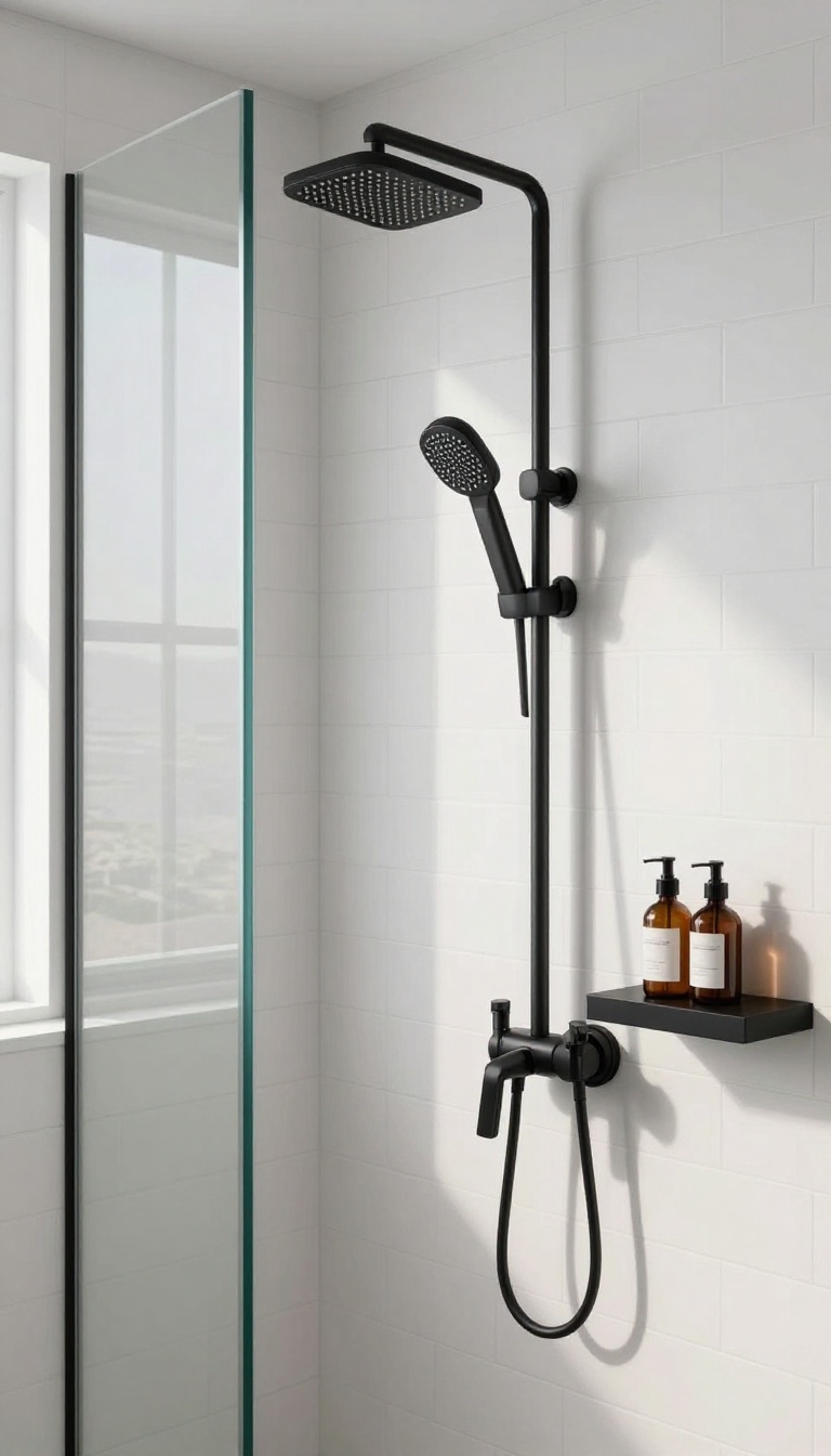 Modern standup shower with matte black fixtures and white subway tiles