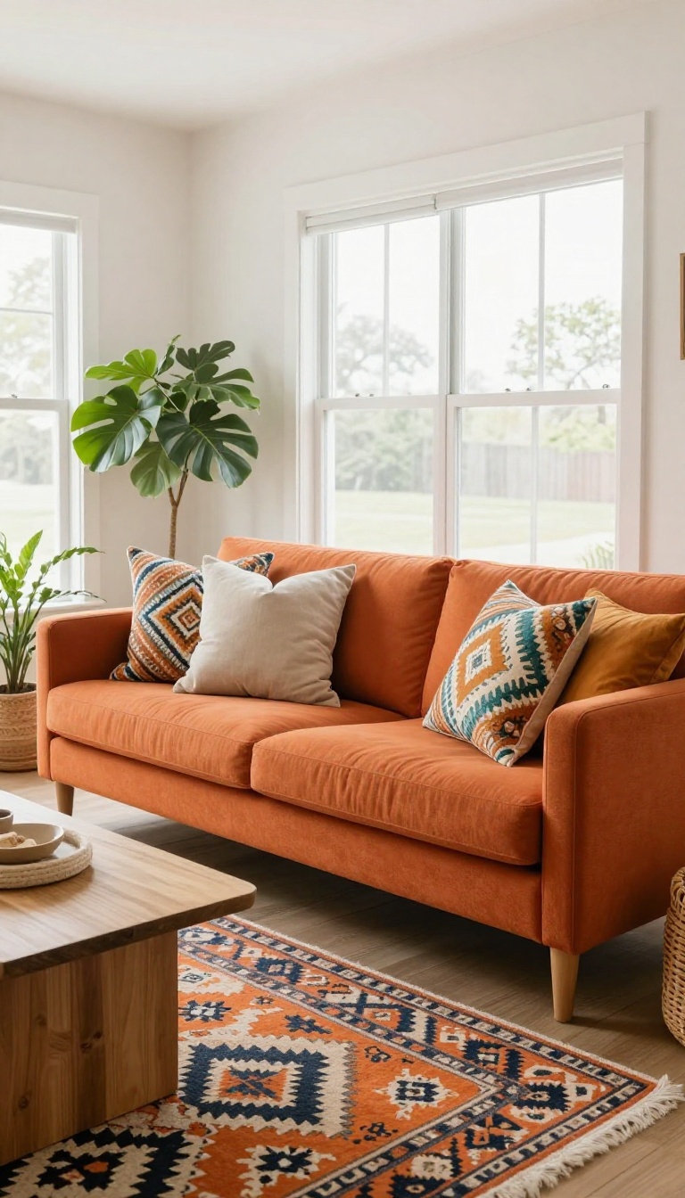 Living room with orange couch, patterned rug, and layered pillows in a warm, stylish setting