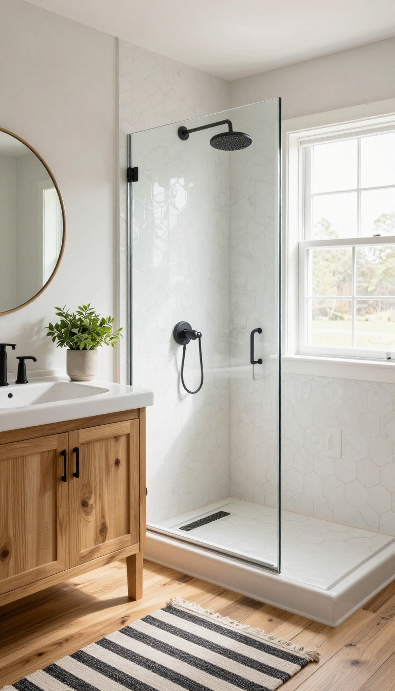 Modern farmhouse bathroom with hexagon tile shower floor and black-and-white striped rug outside the shower