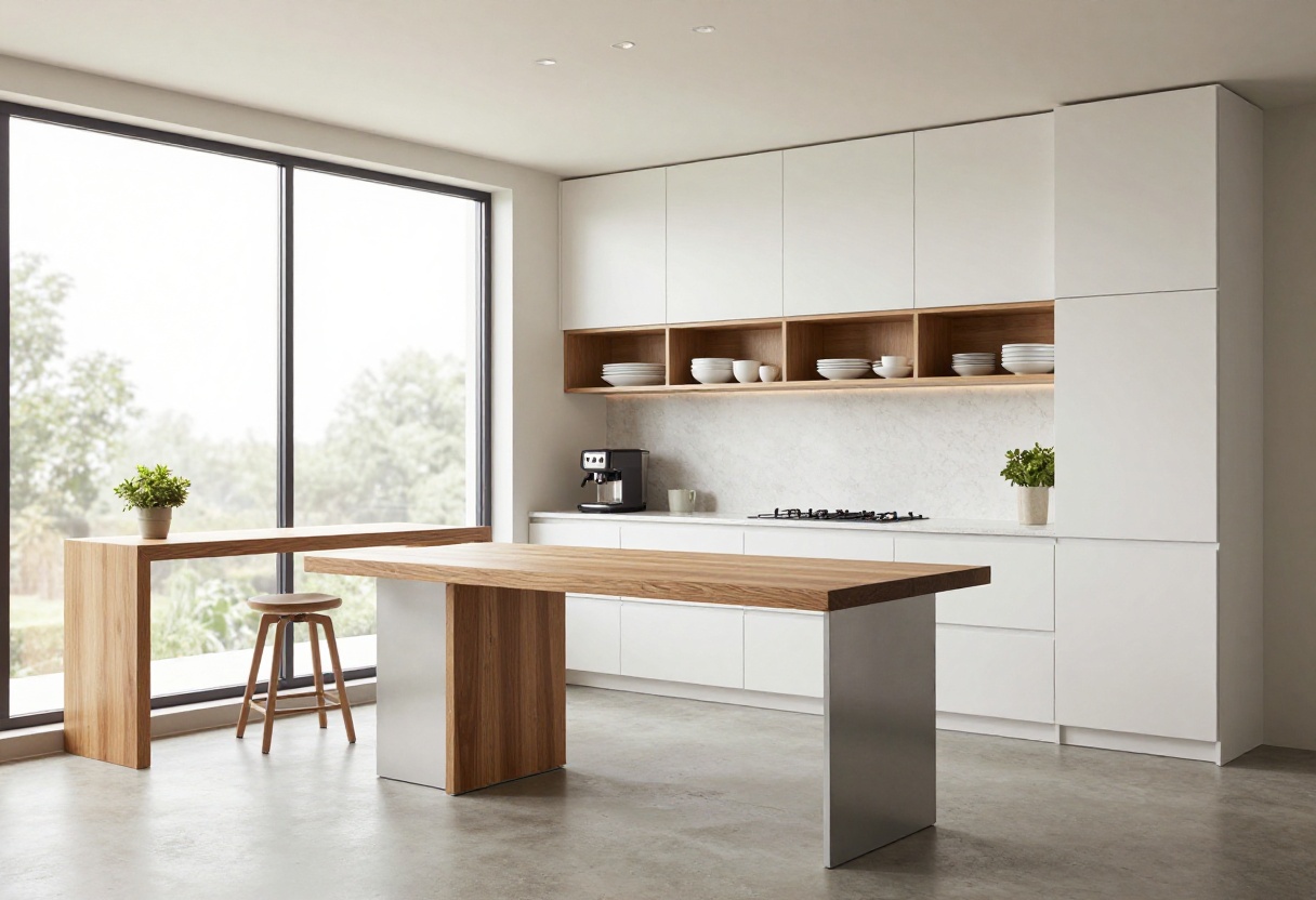 Modern kitchen with a stylish wooden sideboard featuring open shelves and a coffee station
