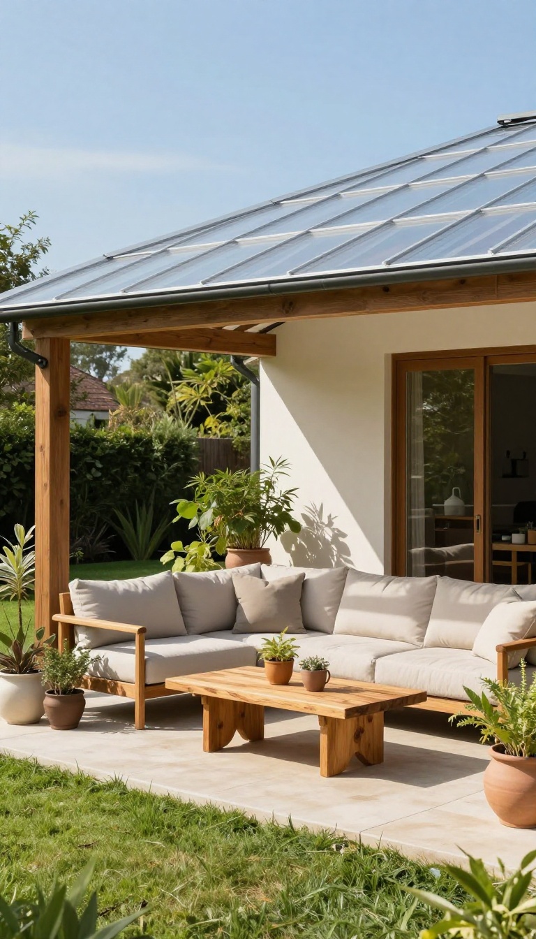 Patio with solid polycarbonate roof attached to house, letting in soft diffused light