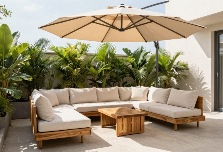 Modern cantilever patio umbrella shading a cozy outdoor seating area