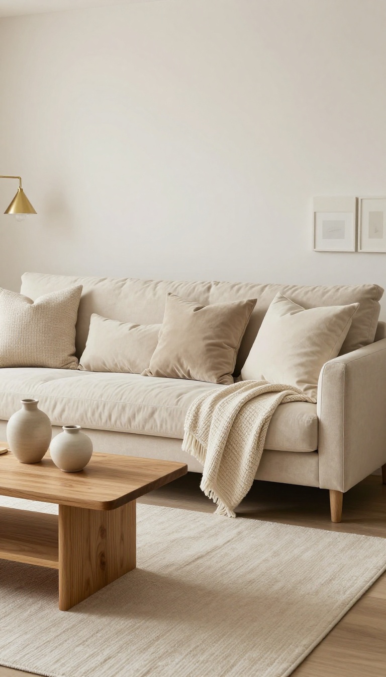 Cozy monochromatic living room with taupe sofa, cream and beige textures, natural wood coffee table, and subtle brass accents.