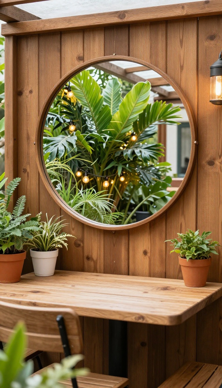 A small patio with a round mirror reflecting plants and lights to visually expand the space.