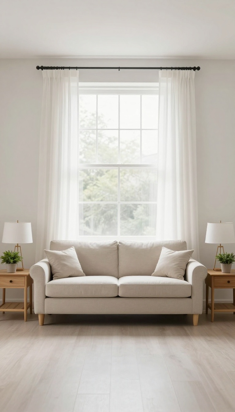 Small living room with symmetrical furniture arrangement around a window, featuring matching armchairs, lamps, and plants for a balanced look.