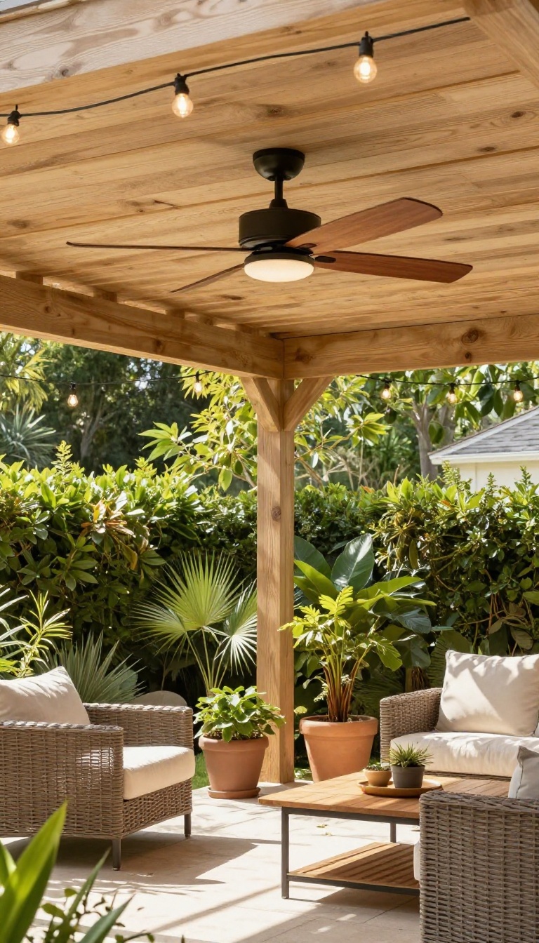 Pergola with a ceiling fan providing shade and airflow in a backyard