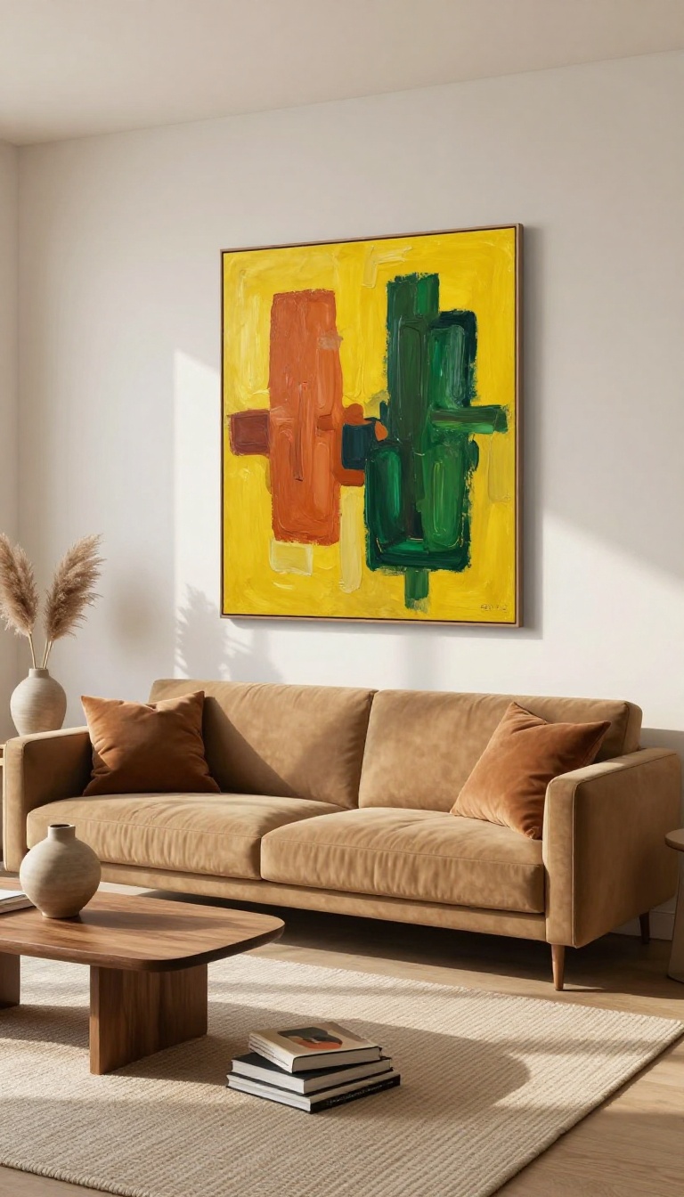 Taupe sofa with bold abstract artwork above, styled with a sculptural vase and art books in a bright, cozy living room.