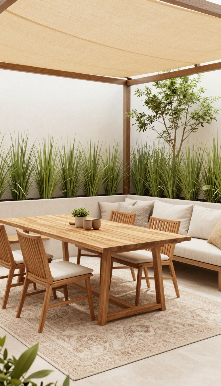A patio with distinct dining, lounging, and greenery zones, separated by rugs and tall planters.